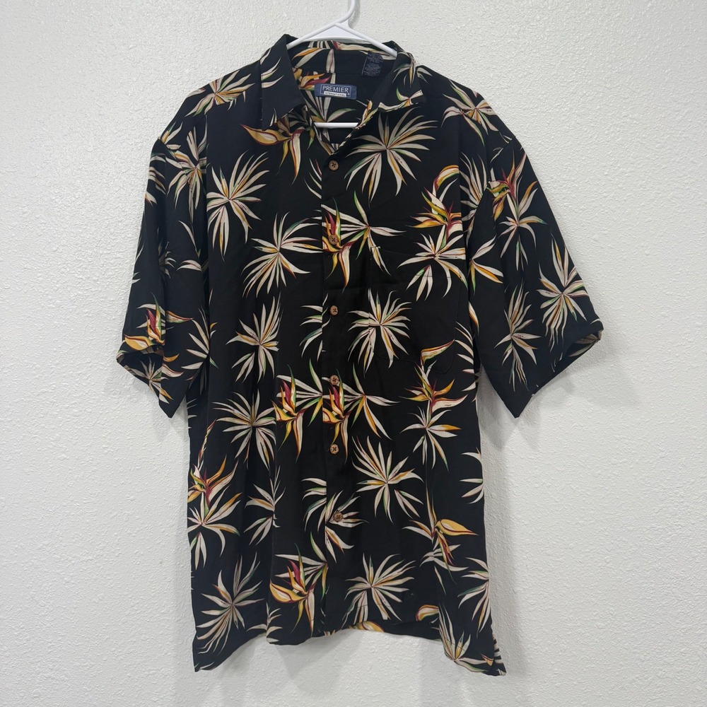 Premier International Mens Large Black Tropical Bird of Paradise Hawaiian Shirt